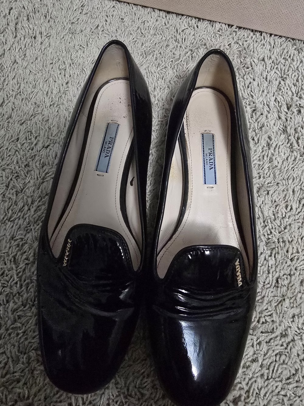 Prada Black Patent Leather Women's Loafers with Gold Accent